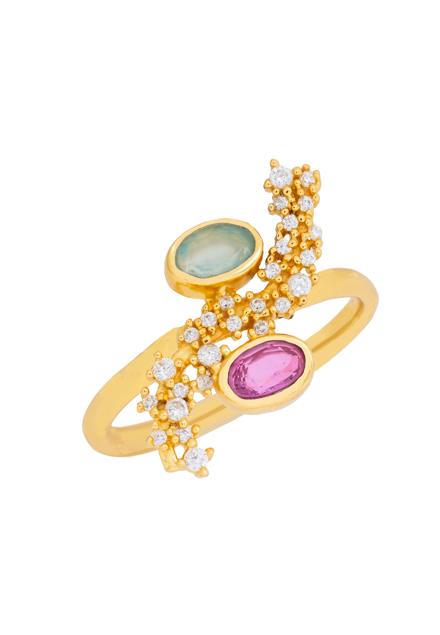 Anillo Cassara Aguamarina y Fucsia